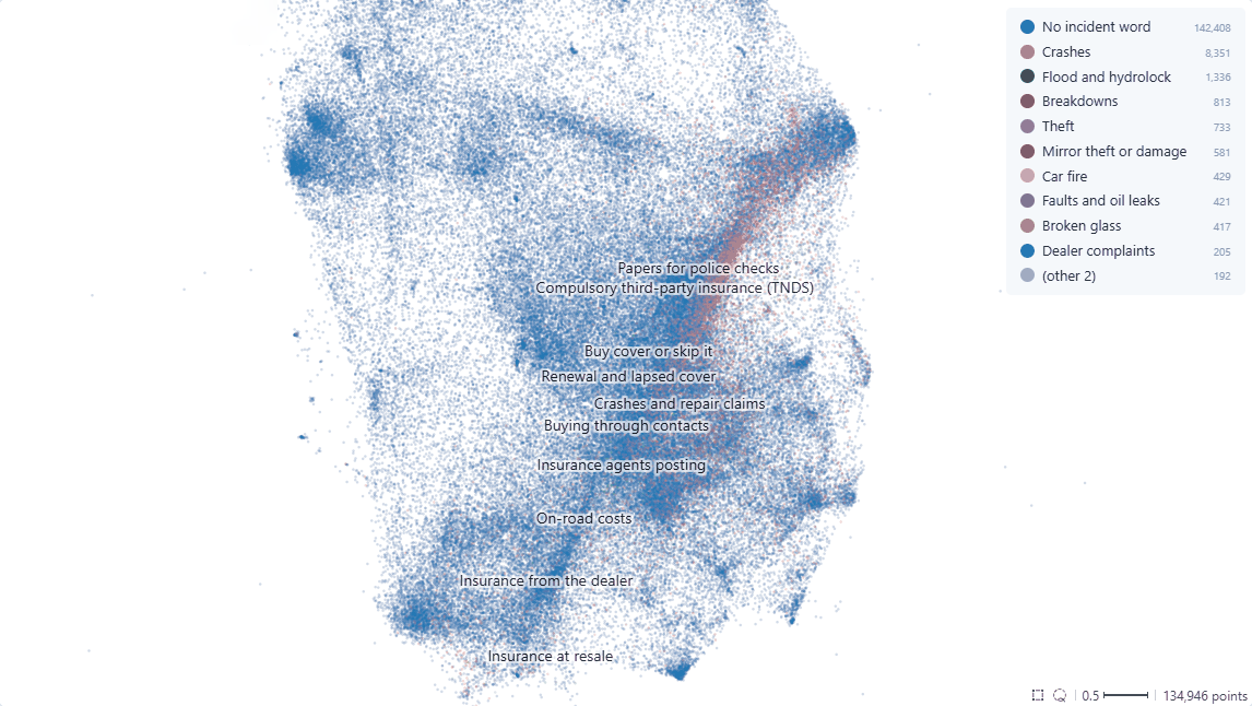 Map in blue with a streak of incident posts in other colours.