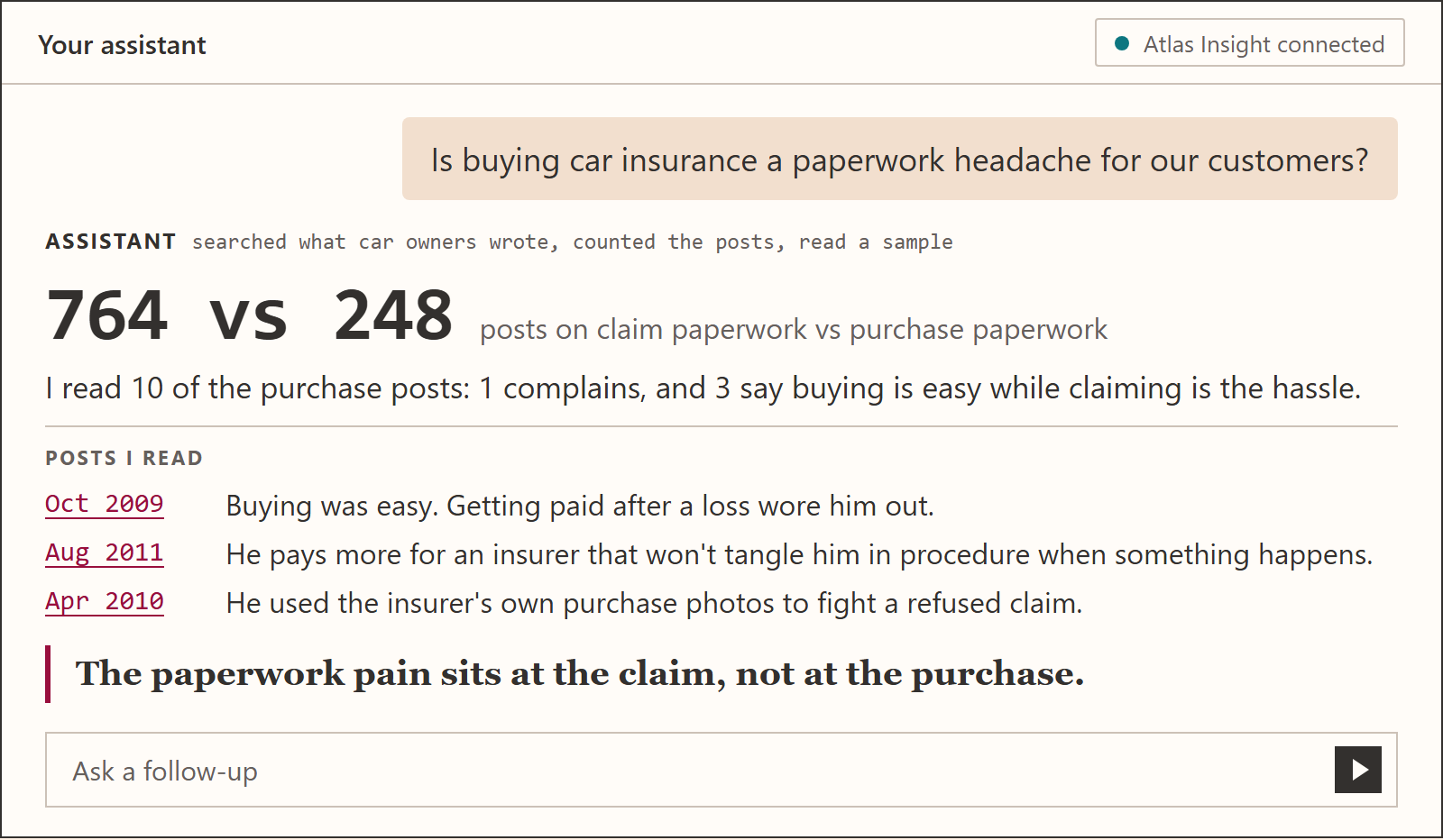 An assistant window: the question about purchase paperwork, the count 764 versus 248, three dated posts and the conclusion that the pain sits at the claim.
